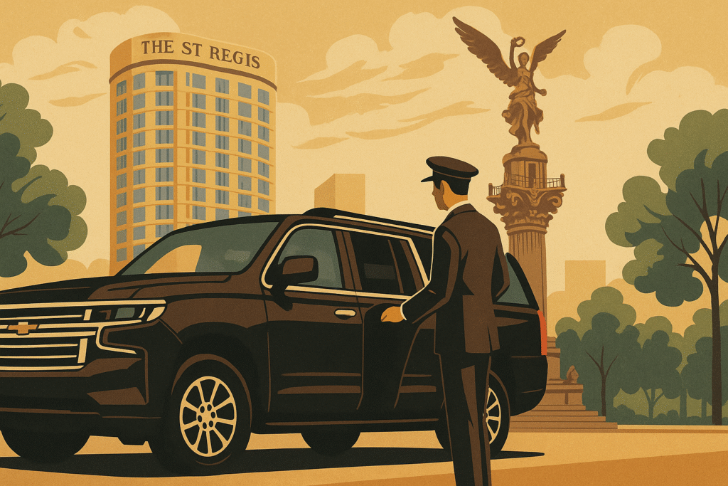 Illustration of a luxury black SUV and chauffeur in front of The St. Regis hotel and the Angel of Independence in Mexico City