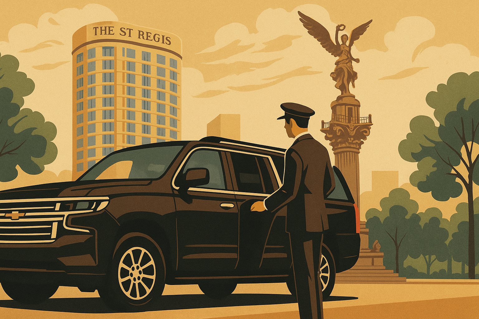 Illustration of a luxury black SUV and chauffeur in front of The St. Regis hotel and the Angel of Independence in Mexico City